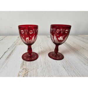 Egermann mini wine champagne‎ Bohemian red glass cut bird cranberry ruby